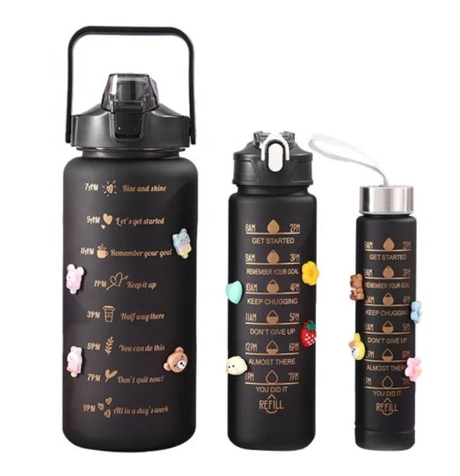 Motivational Water Bottles - Set of 3 -Black  (2Ltr/700Ml/300Ml)