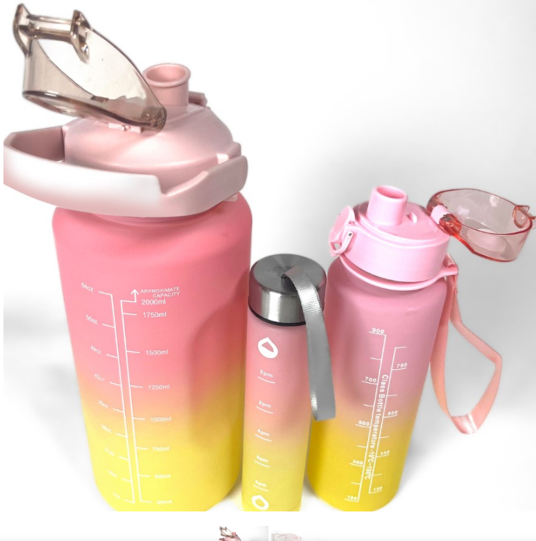 Motivational Water Bottles - Set of 3 -Pink/Yellow (2Ltr/700Ml/300Ml)