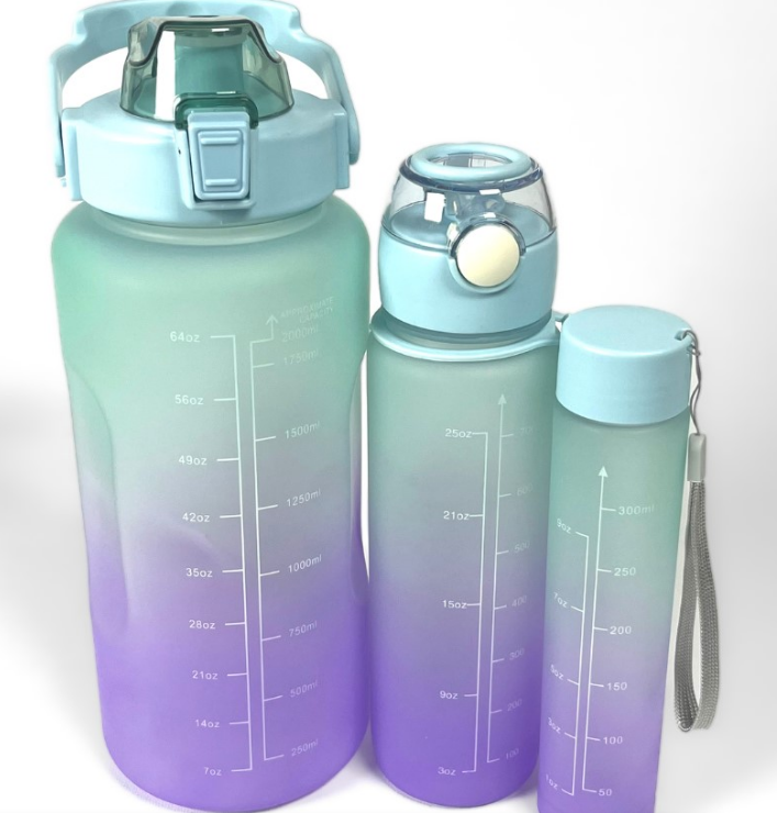 Motivational Water Bottles - Set of 3 -Blue/Purple (2Ltr/700Ml/300Ml