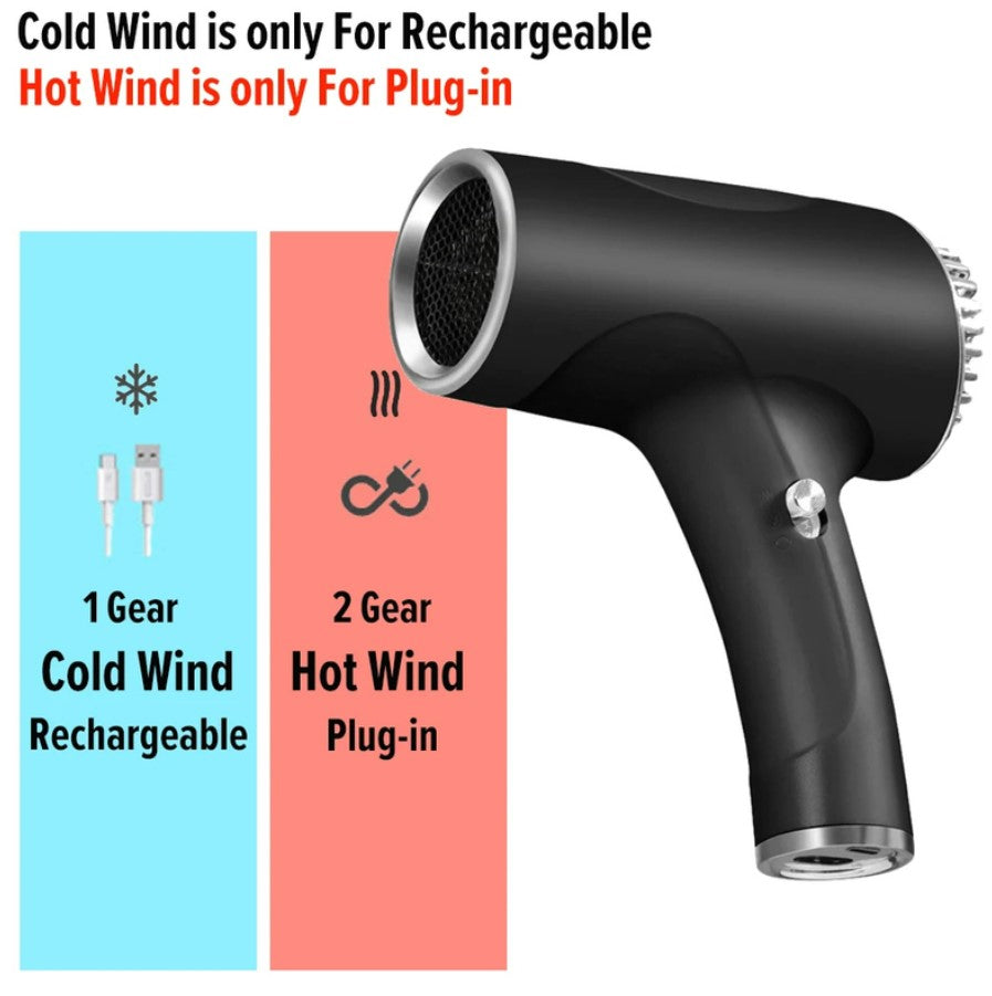 2600mAh Cordless Anion Blow Dryer Portable Hair Dryer 40/500W USB Rechargeable Powerful 2 Gears - Black