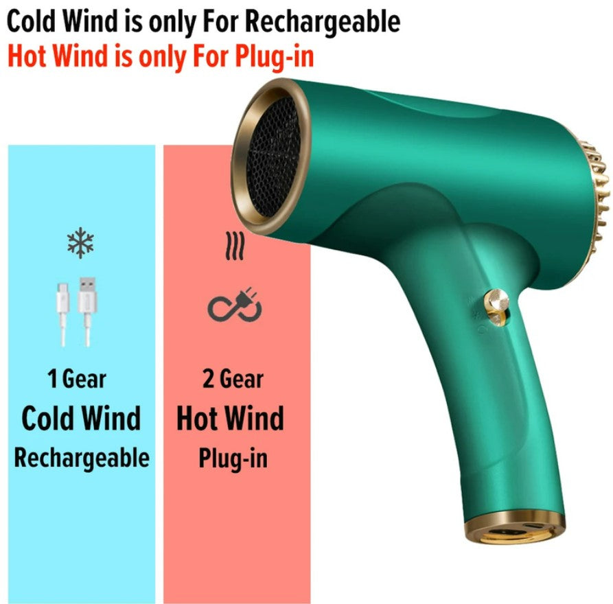 2600mAh Cordless Anion Blow Dryer Portable Hair Dryer 40/500W USB Rechargeable Powerful 2 Gears - Green