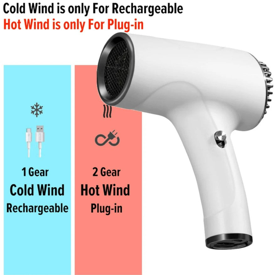 2600mAh Cordless Anion Blow Dryer Portable Hair Dryer 40/500W USB Rechargeable Powerful 2 Gears - White